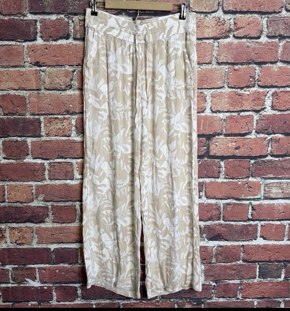 Prana Womens Medium Beige White Tropical Leaf Print Wide Leg Tencel Modal Pants